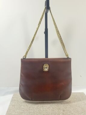 Vintage Ruth Saltz Brown Leather Gold Chain Strap Tigers Head Bag